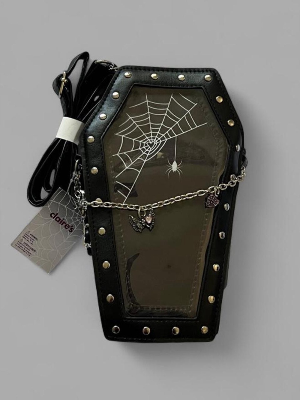 New With Tags Claire’s Coffin Crossbody Spider Studs Goth Emo Punk Chain Purse